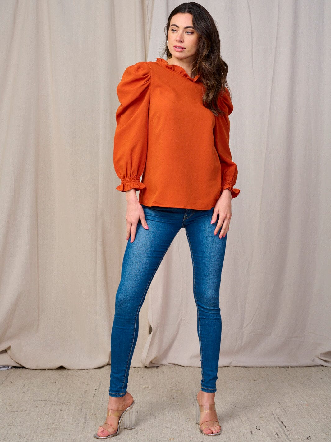 WOMEN'S LONG PUFF SLEEVES RUFFLE TRIM NECK BLOUSE