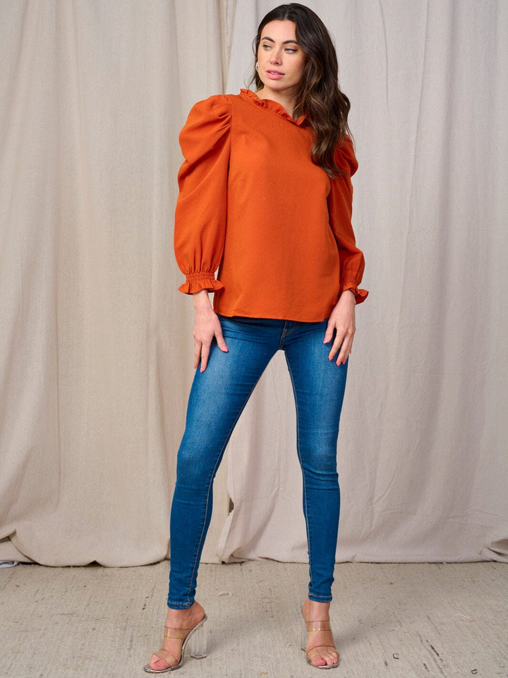 WOMEN'S LONG PUFF SLEEVES RUFFLE TRIM NECK BLOUSE