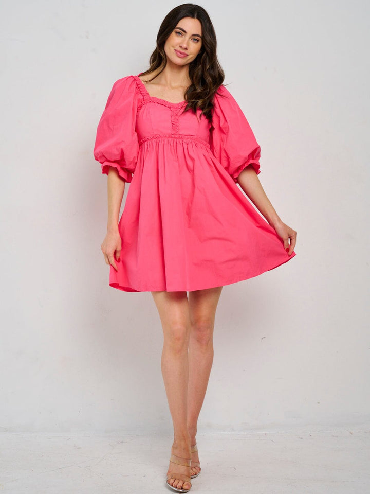 WOMEN'S SHORT PUFF SLEEVE TRIM DETAILED SMOCK FRONT POCKETS MINI DRESS