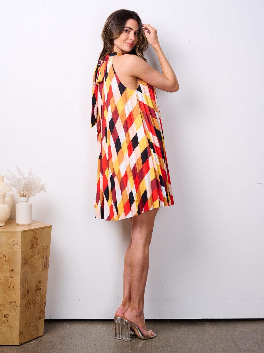 WOMEN'S SLEEVELESS HALTER NECK MULTI PRINT MINI DRESS