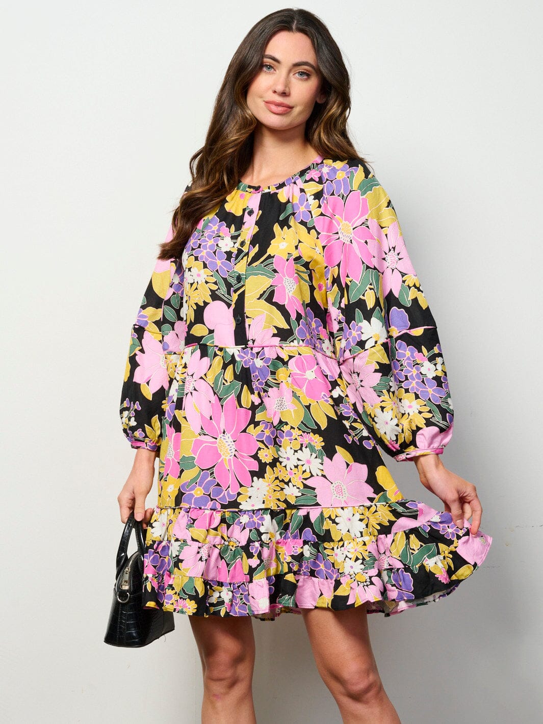 WOMEN'S LONG SLEEVE TUNIC FLOWER MINI DRESS