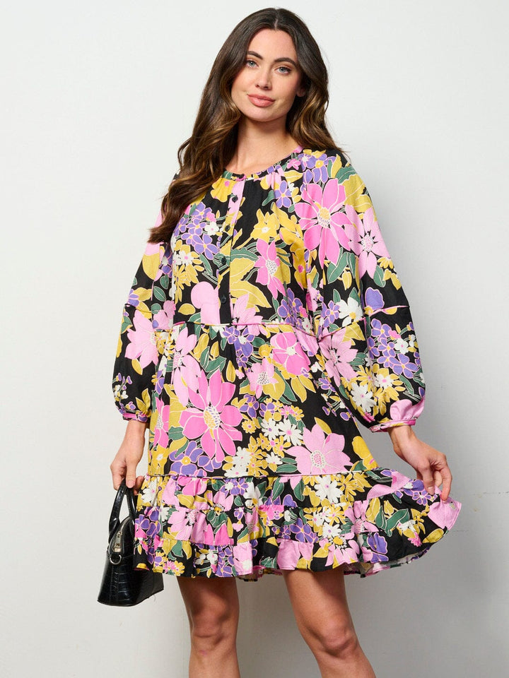 WOMEN'S LONG SLEEVE TUNIC FLOWER MINI DRESS