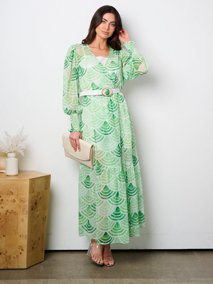 WOMEN'S LONG SLEEVE V-NECK BELTED MULTI PRINT MAXI DRESS