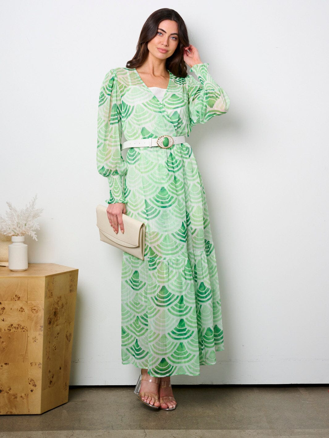 All-Over Print Women's Long Sleeve Dress With Waist Belt