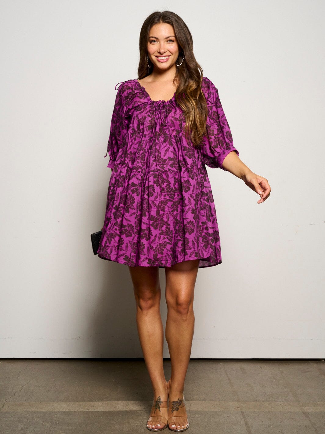 WOMEN'S 3/4 SLEEVE TUNIC FLORAL MINI DRESS