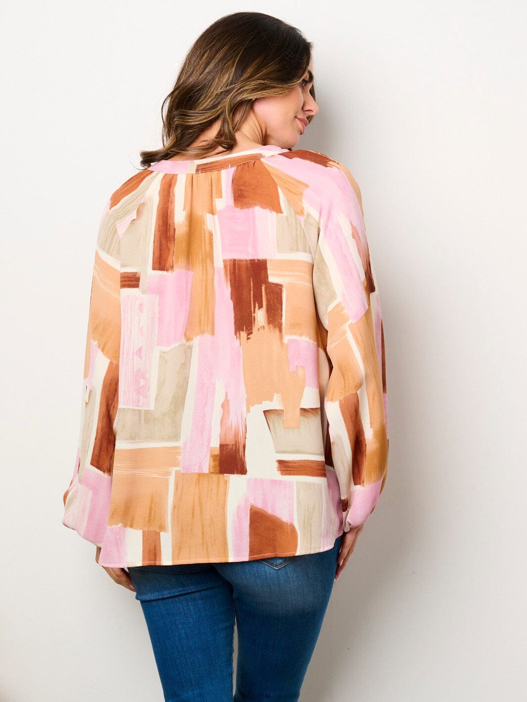 WOMEN'S LONG PUFF SLEEVE V-NECK MULTI PRINT BLOUSE TOP