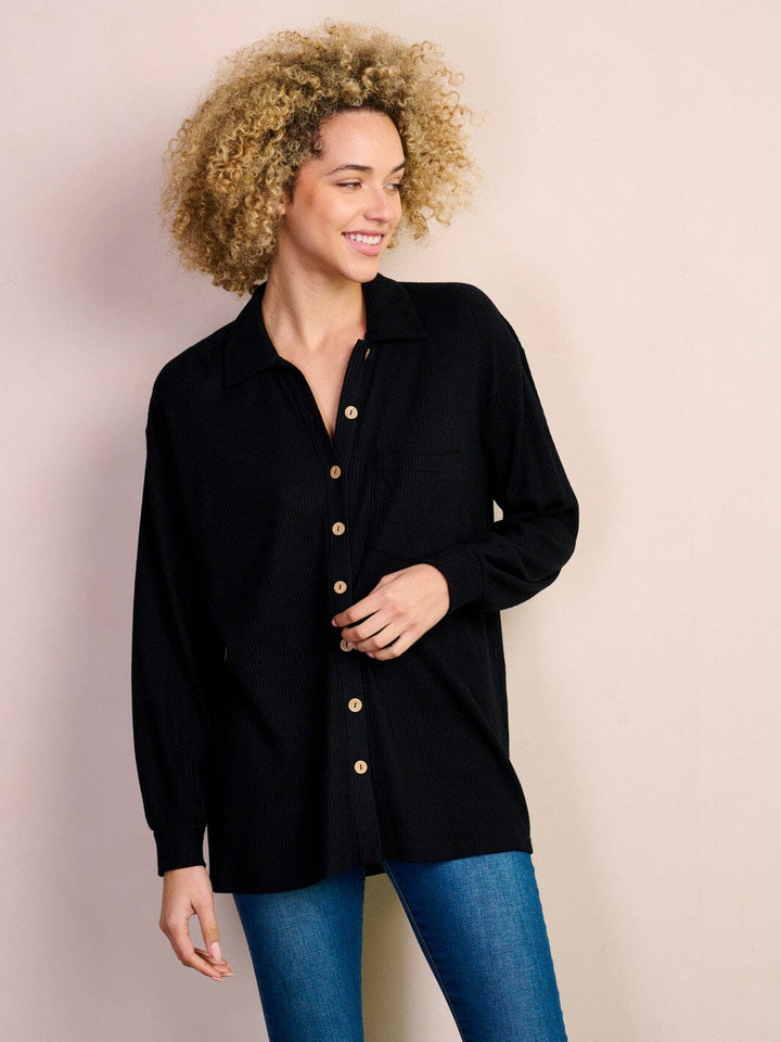 WOMEN'S LONG SLEEVE BUTTON UP FRONT POCKETS RIBBED BLOUSE TOP