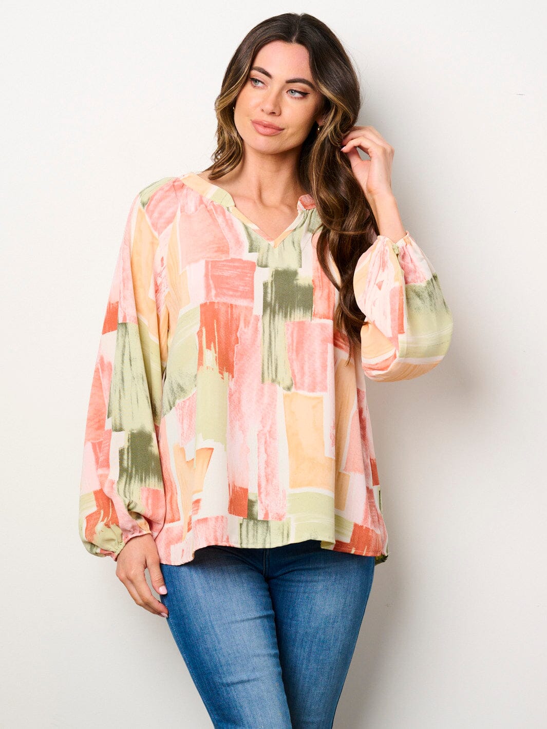 WOMEN'S LONG PUFF SLEEVE V-NECK MULTI PRINT BLOUSE TOP