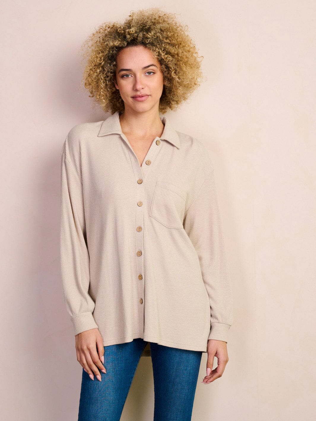 WOMEN'S LONG SLEEVE BUTTON UP FRONT POCKETS RIBBED BLOUSE TOP