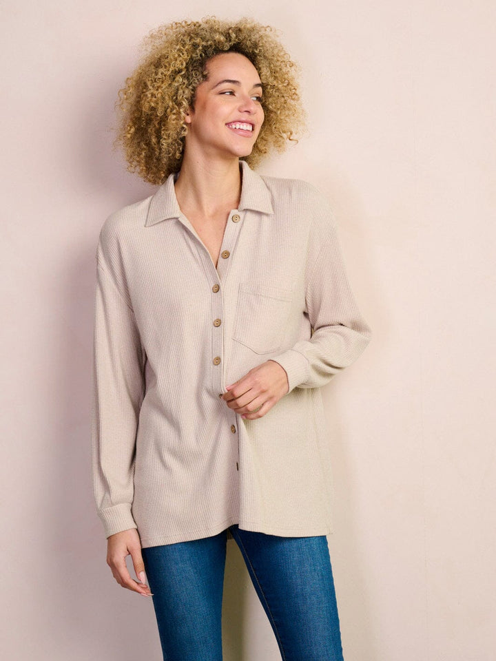 WOMEN'S LONG SLEEVE BUTTON UP FRONT POCKETS RIBBED BLOUSE TOP