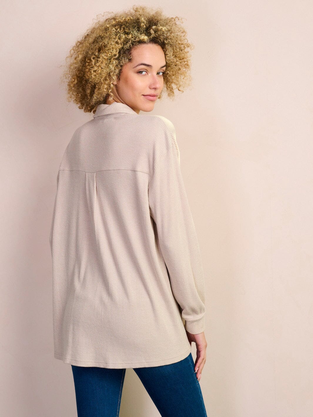 WOMEN'S LONG SLEEVE BUTTON UP FRONT POCKETS RIBBED BLOUSE TOP