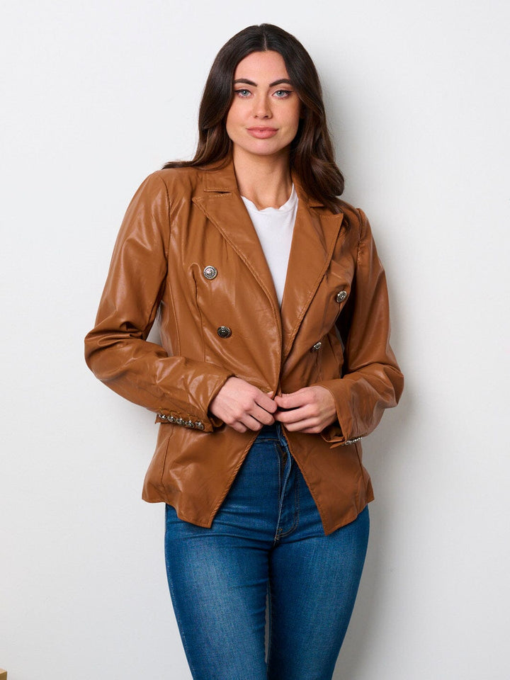 WOMEN'S LONG SLEEVE BUTTON CLOSURE POCKETS PU PLEATHER JACKET