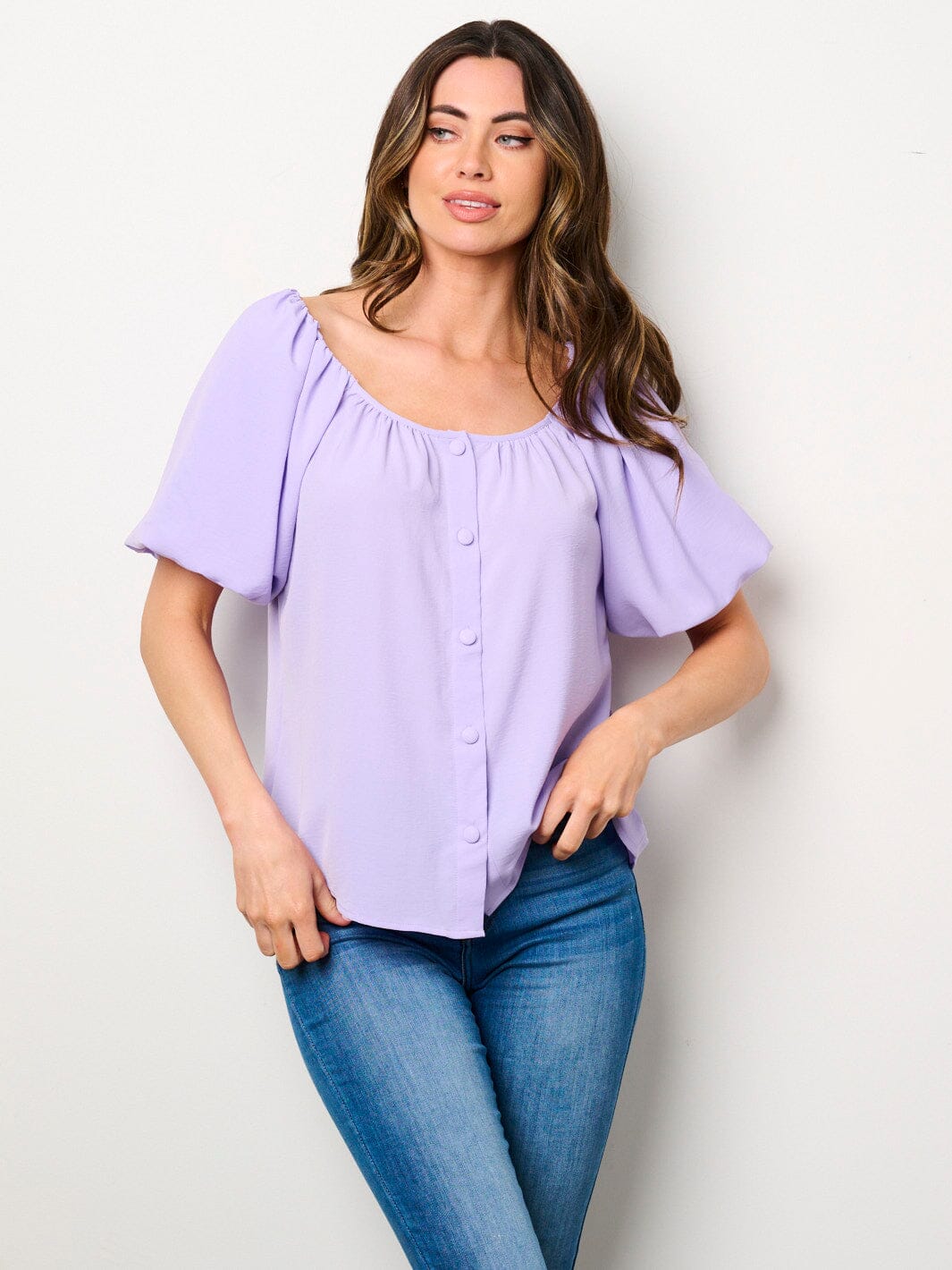 WOMEN'S SHORT PUFF SLEEVE BUTTONS BLOUSE TOP