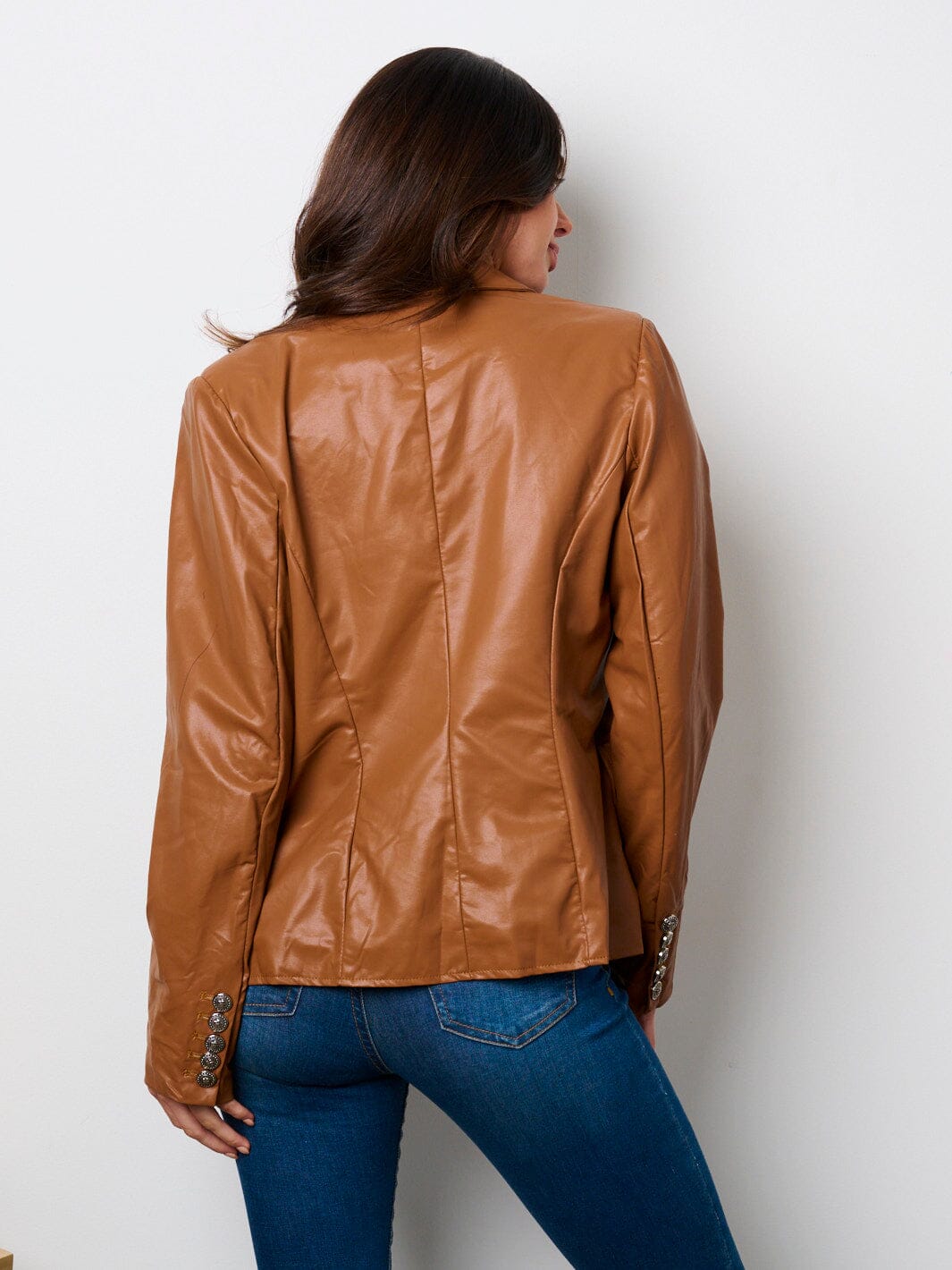 WOMEN'S LONG SLEEVE BUTTON CLOSURE POCKETS PU PLEATHER JACKET