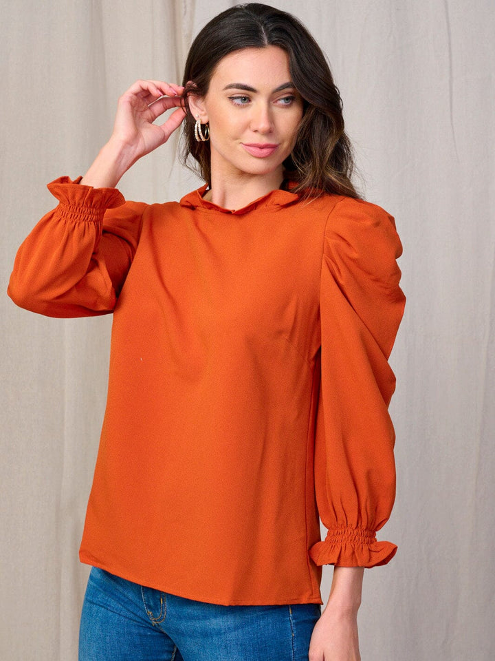 WOMEN'S LONG PUFF SLEEVES RUFFLE TRIM NECK BLOUSE