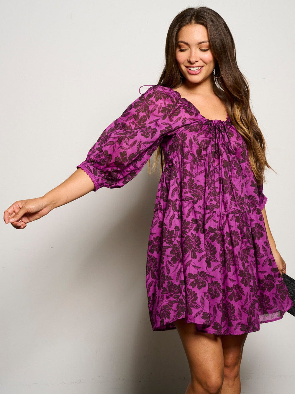 WOMEN'S 3/4 SLEEVE TUNIC FLORAL MINI DRESS