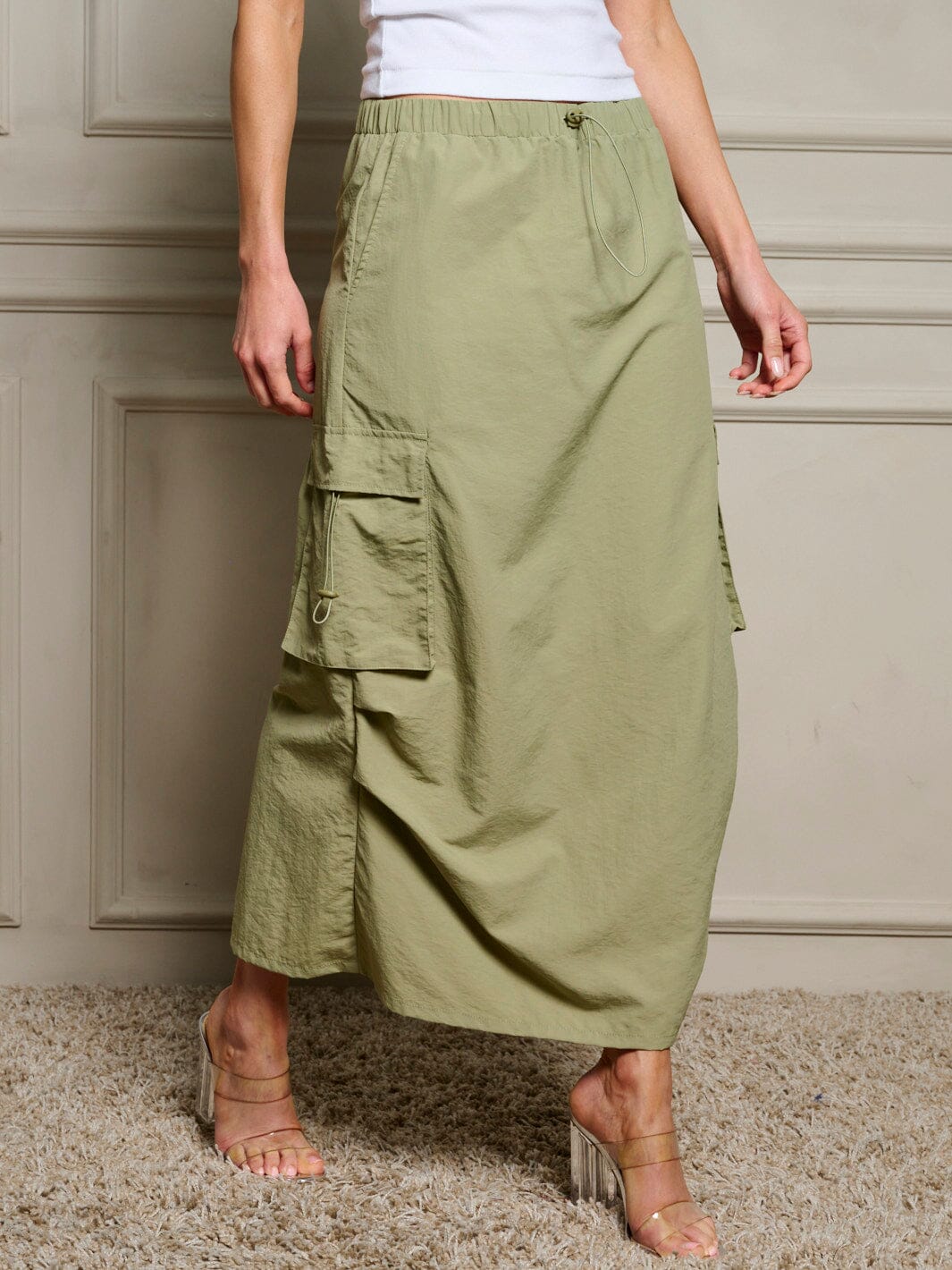 WOMEN'S ELASTIC WAIST CARGO POCKETS MAXI SKIRT