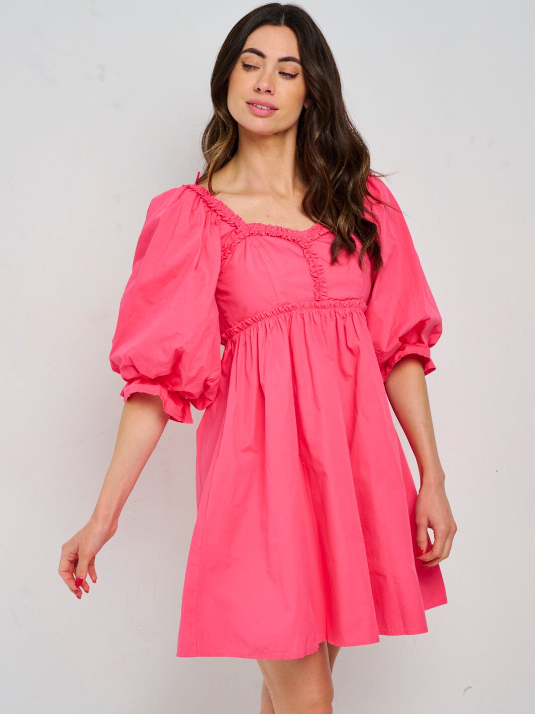 WOMEN'S SHORT PUFF SLEEVE TRIM DETAILED SMOCK FRONT POCKETS MINI DRESS