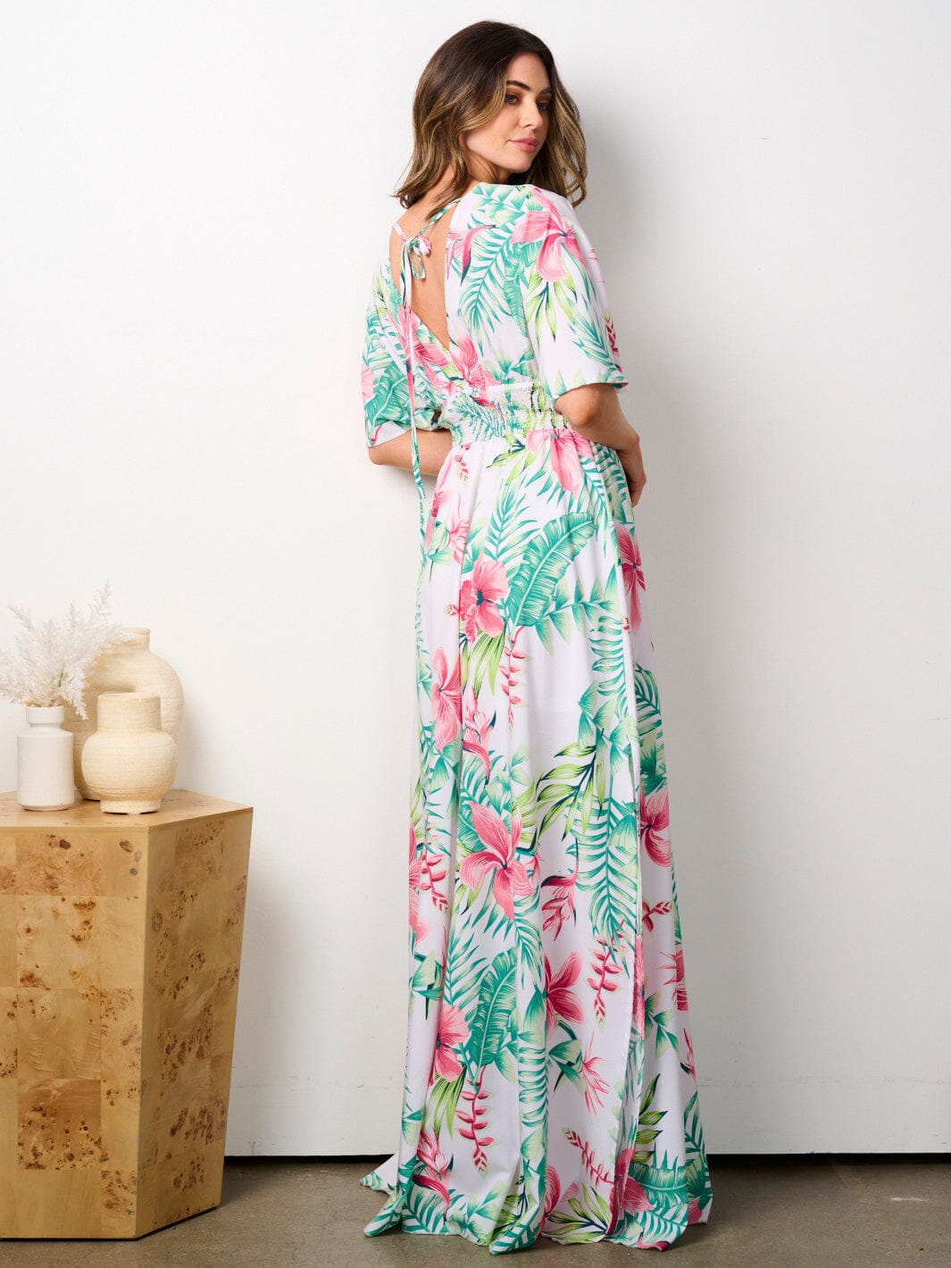 WOMEN'S SHORT SLEEVE SURPLICE SMOCK WAIST FLORAL MAXI DRESS