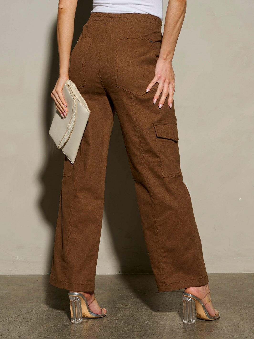 WOMEN'S ELASTIC WAIST CARGO POCKETS WIDE LEG PANTS