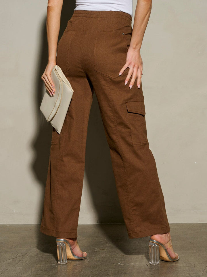 WOMEN'S ELASTIC WAIST CARGO POCKETS WIDE LEG PANTS