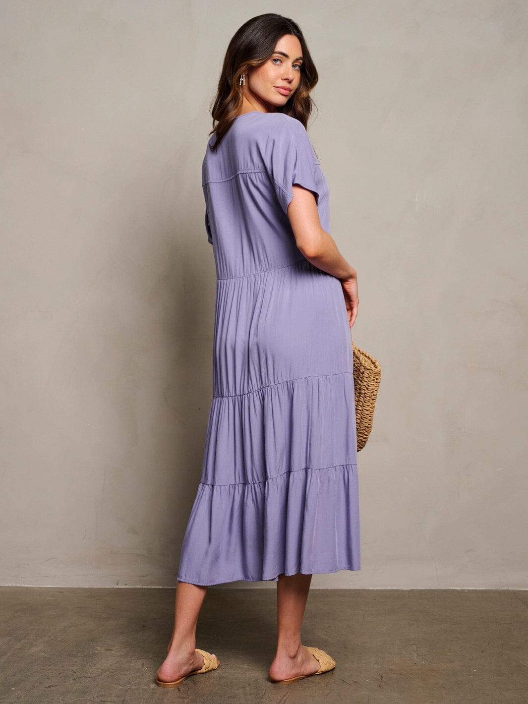 WOMEN'S SHORT SLEEVE TIERED BUTTON UP MAXI DRESS