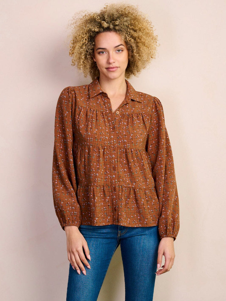WOMEN'S LONG SLEEVE BUTTON UP TIERED FLORAL BLOUSE TOP