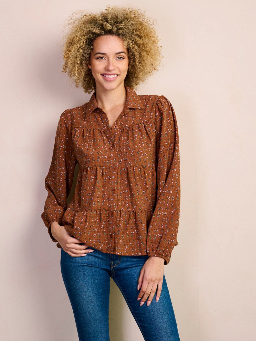 WOMEN'S LONG SLEEVE BUTTON UP TIERED FLORAL BLOUSE TOP