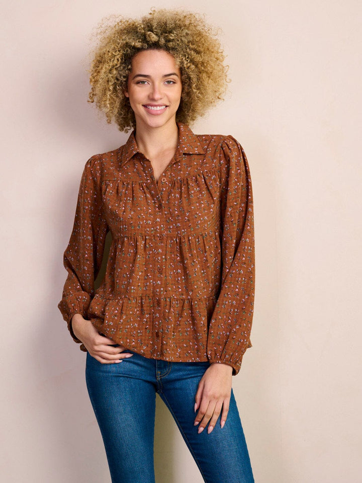 WOMEN'S LONG SLEEVE BUTTON UP TIERED FLORAL BLOUSE TOP