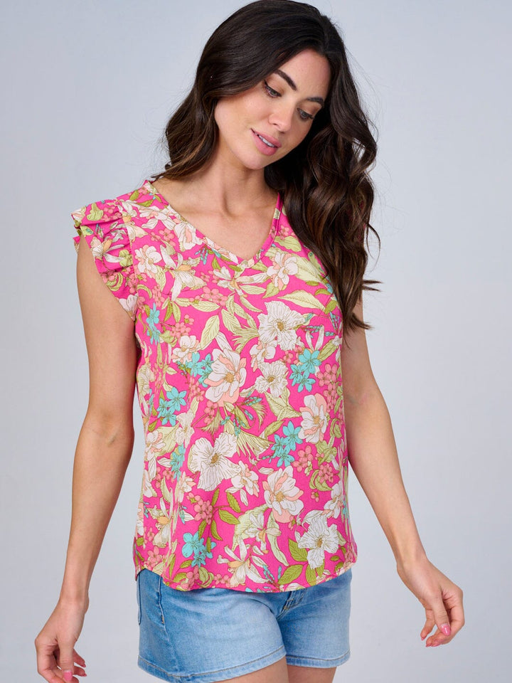 WOMEN'S RUFFLE SLEEVES V-NECK FLORAL BLOUSE