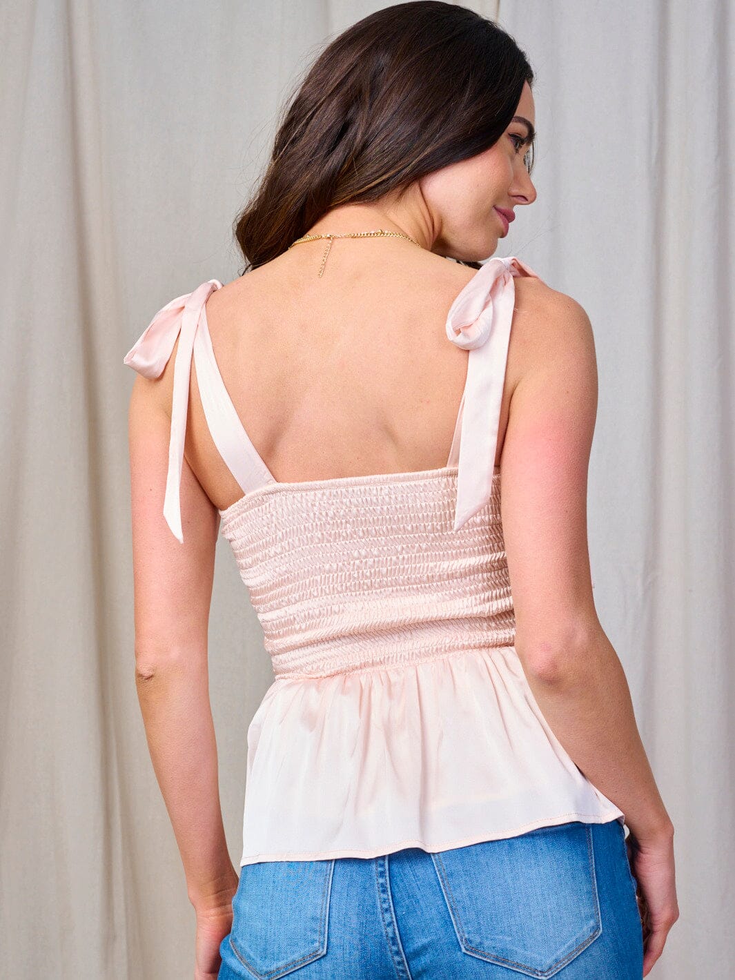 WOMEN'S SLEEVELESS SMOCK PEPLUM SATIN TANK TOP