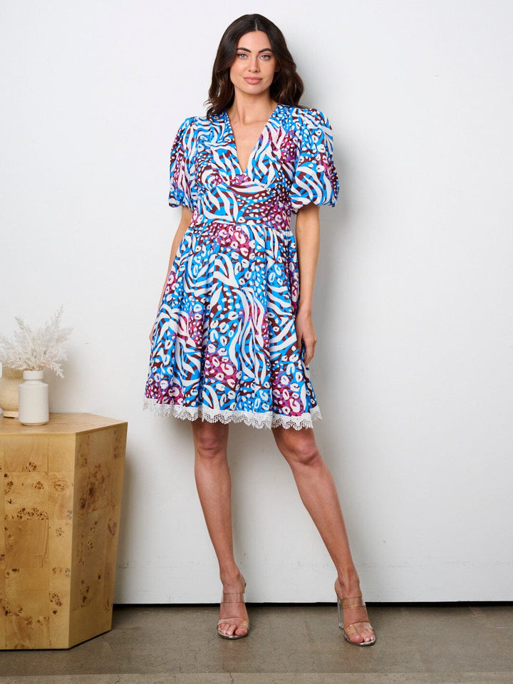 WOMEN'S SHORT PUFF SLEEVE V-NECK MULTI PRINT MINI DRESS