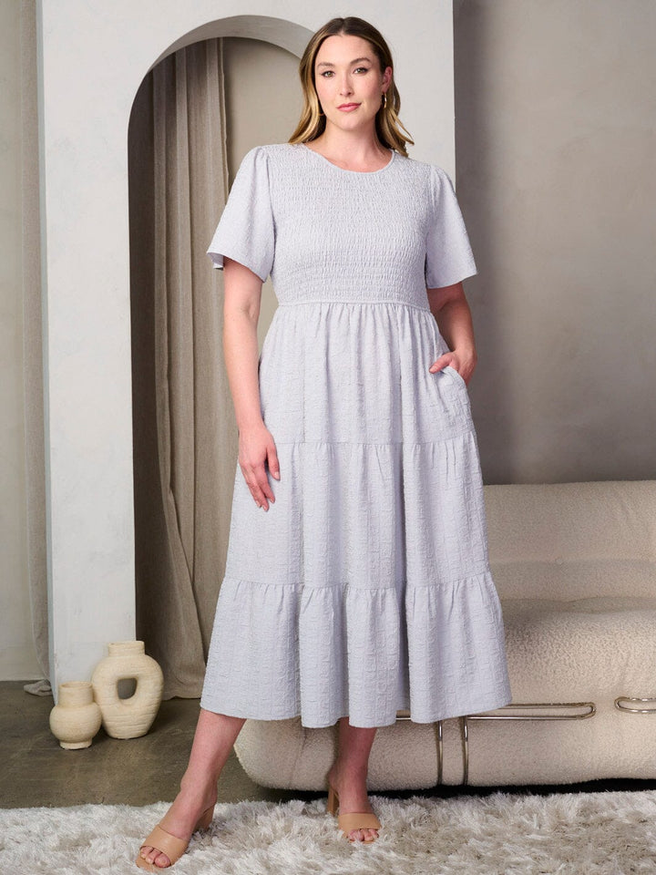 PLUS SIZE SHORT SLEEVE SMOCK POCKETS TIERED MAXI DRESS