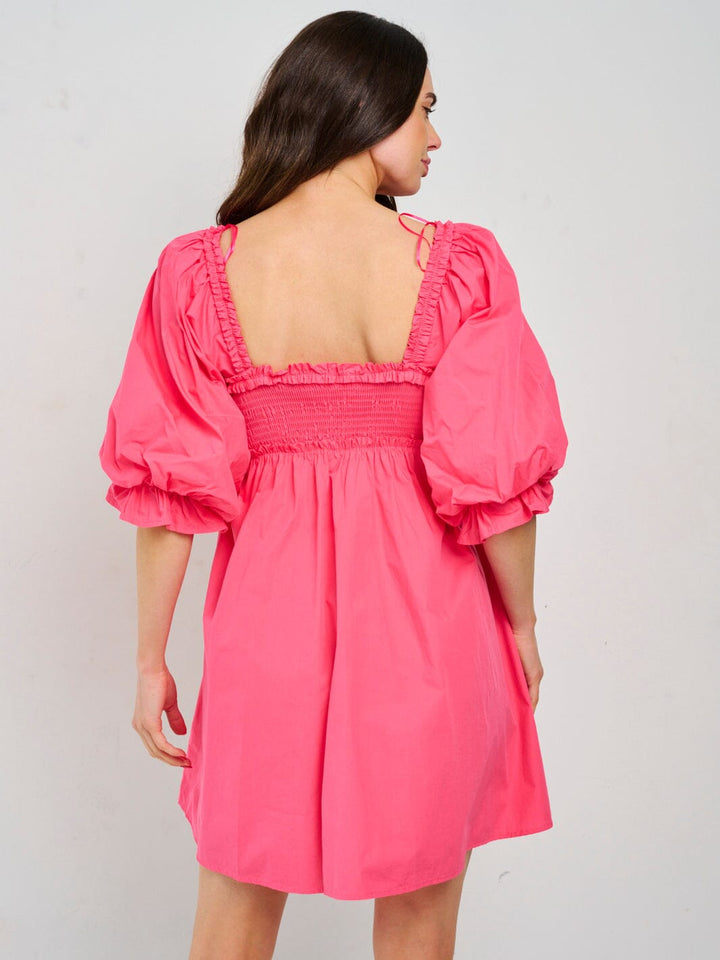 WOMEN'S SHORT PUFF SLEEVE TRIM DETAILED SMOCK FRONT POCKETS MINI DRESS