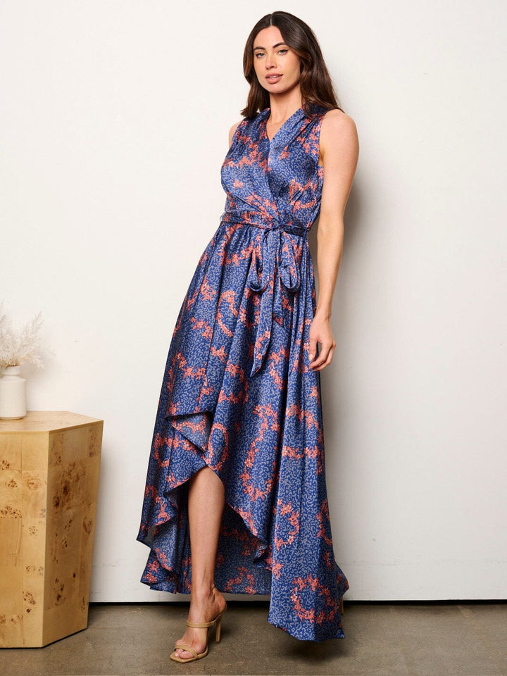 WOMEN'S SLEEVELESS SURPLICE FLORAL HIGH-LOW MAXI DRESS