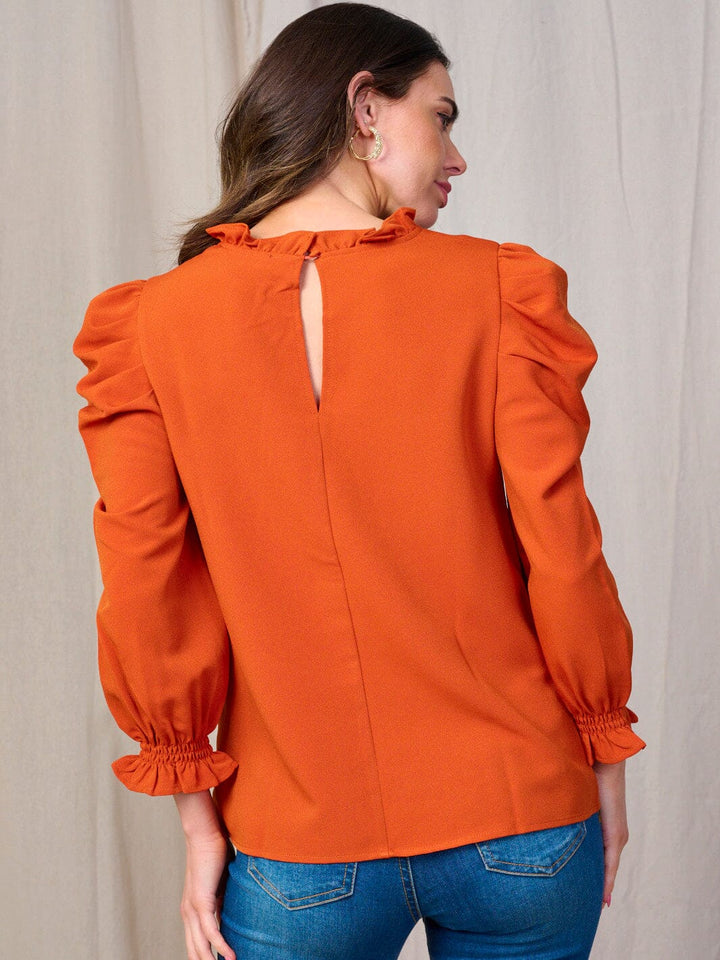 WOMEN'S LONG PUFF SLEEVES RUFFLE TRIM NECK BLOUSE