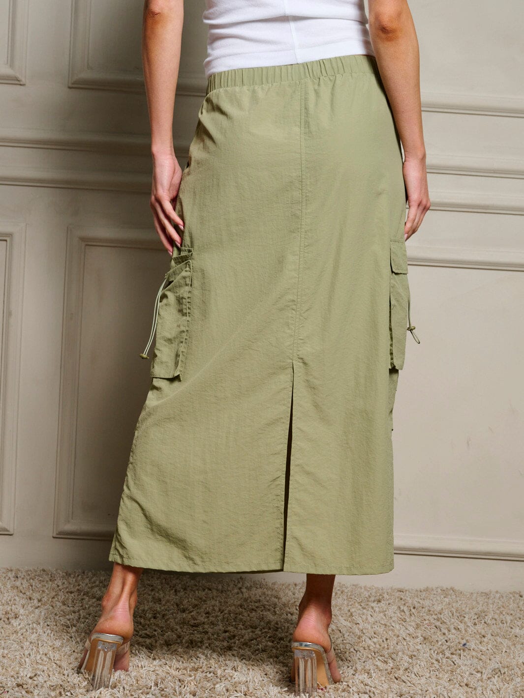 WOMEN'S ELASTIC WAIST CARGO POCKETS MAXI SKIRT