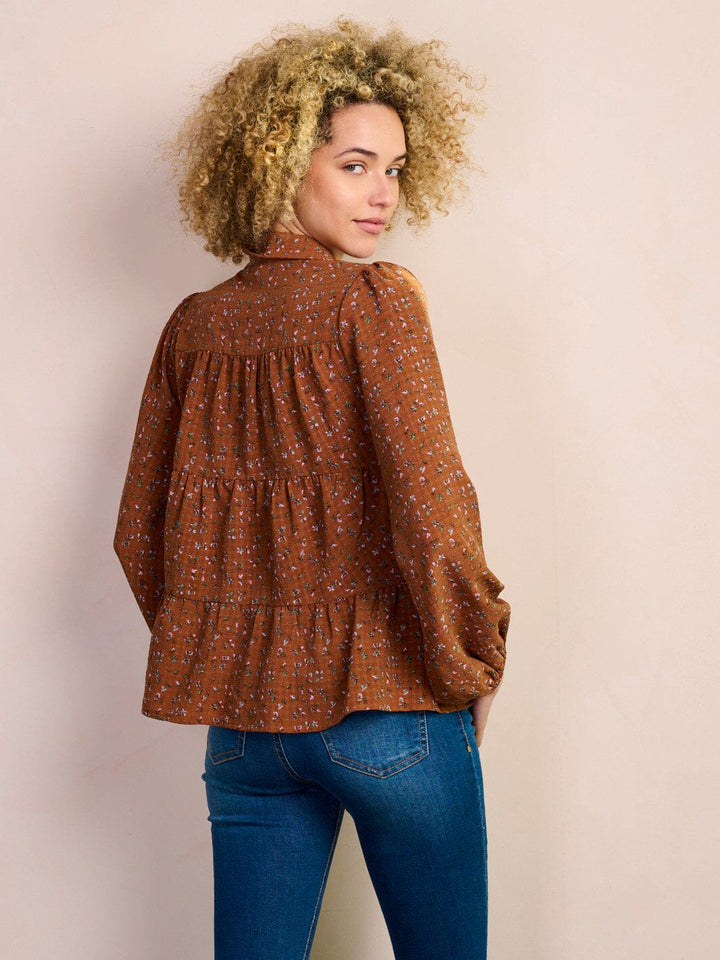 WOMEN'S LONG SLEEVE BUTTON UP TIERED FLORAL BLOUSE TOP