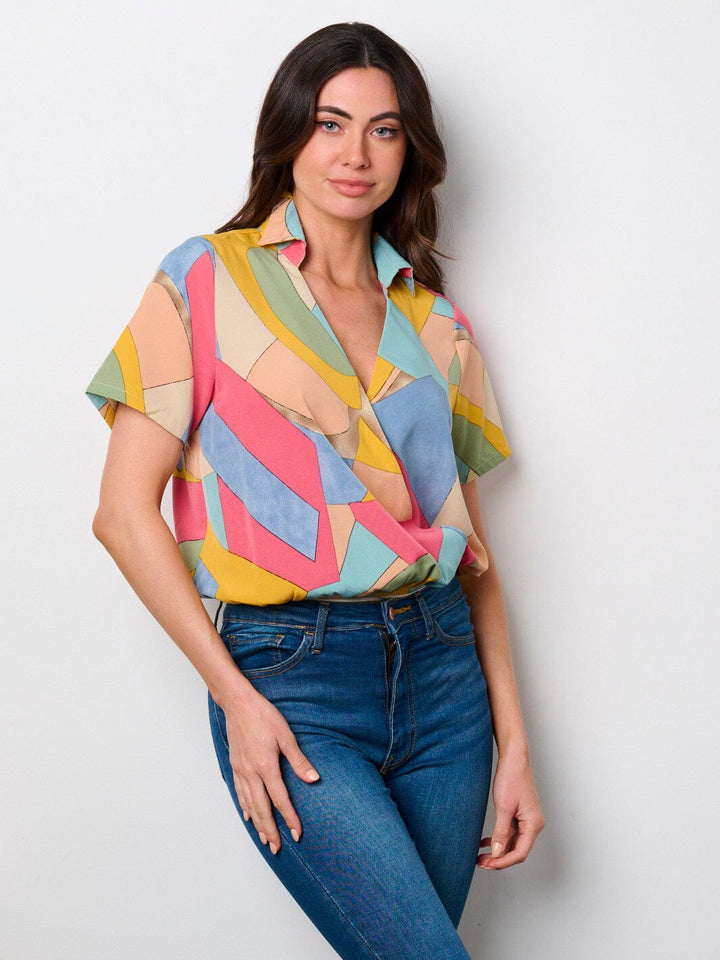 WOMEN'S SHORT SLEEVE SURPLICE MULTI COLORS BODYSUIT