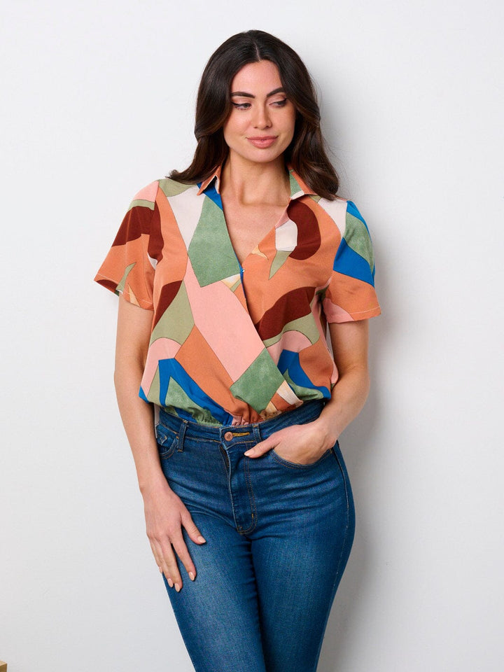 WOMEN'S SHORT SLEEVE SURPLICE MULTI COLORS BODYSUIT