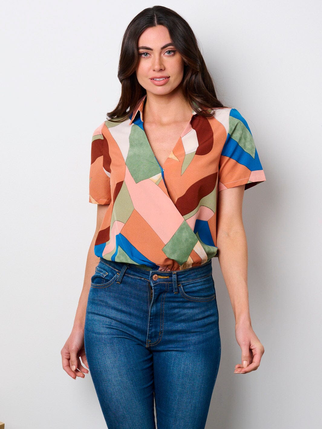 WOMEN'S SHORT SLEEVE SURPLICE MULTI COLORS BODYSUIT