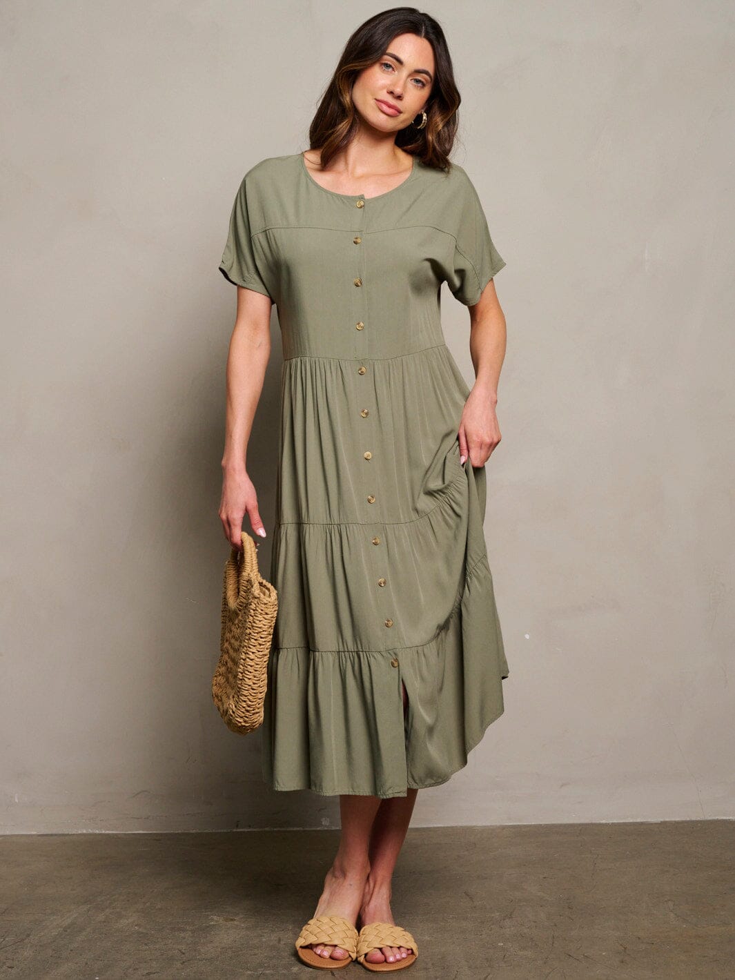 WOMEN'S SHORT SLEEVE TIERED BUTTON UP MAXI DRESS