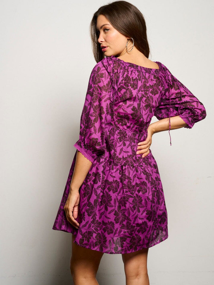 WOMEN'S 3/4 SLEEVE TUNIC FLORAL MINI DRESS