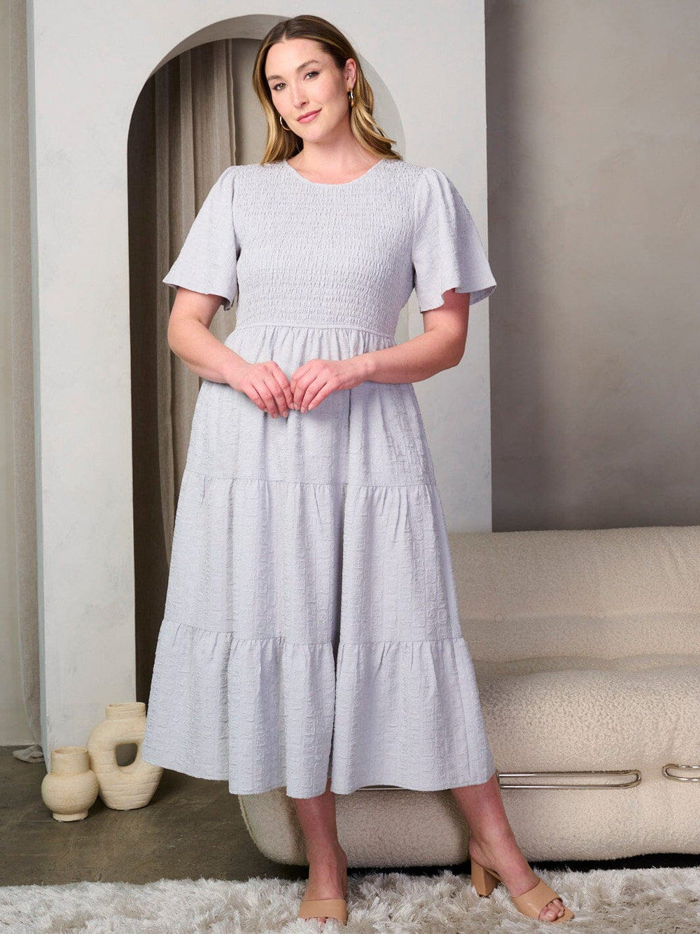 PLUS SIZE SHORT SLEEVE SMOCK POCKETS TIERED MAXI DRESS