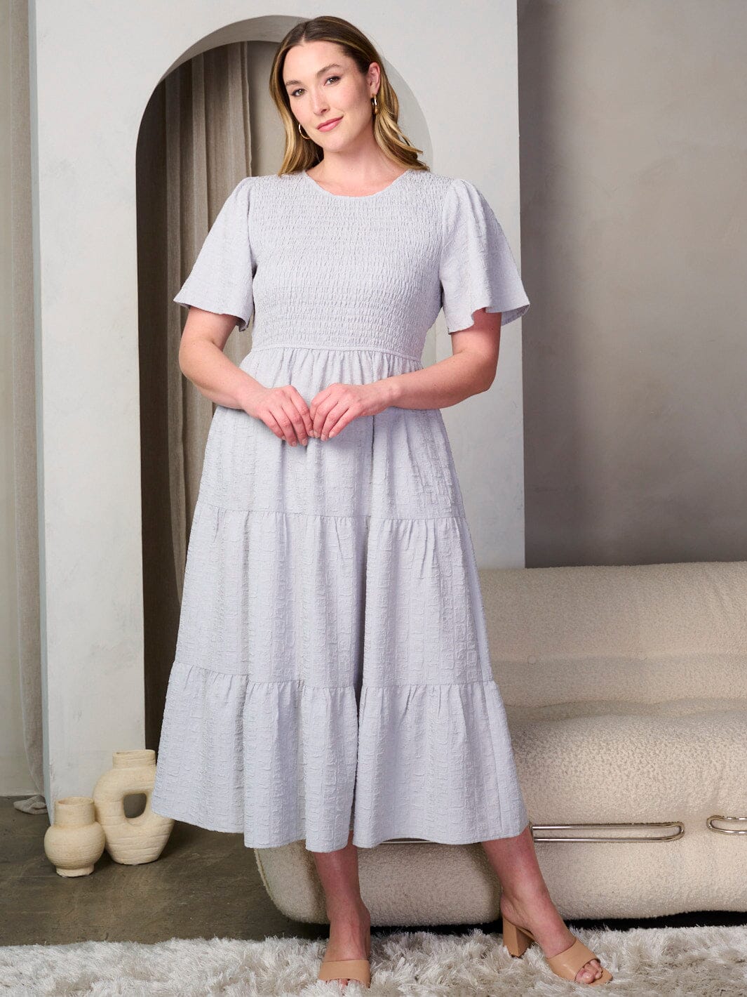 PLUS SIZE SHORT SLEEVE SMOCK POCKETS TIERED MAXI DRESS