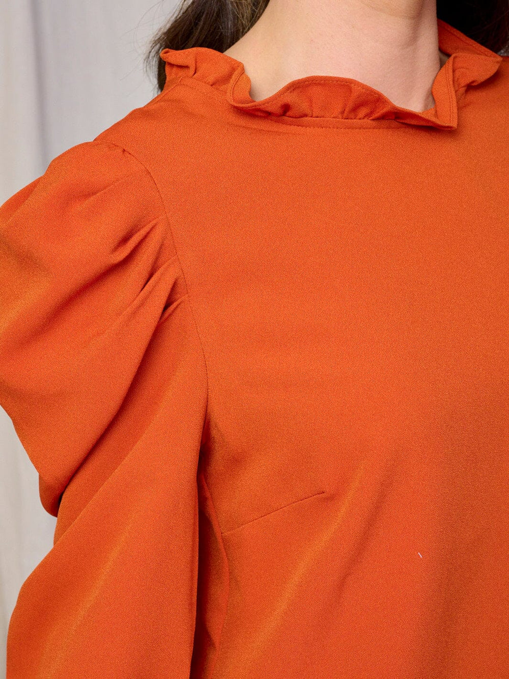 WOMEN'S LONG PUFF SLEEVES RUFFLE TRIM NECK BLOUSE