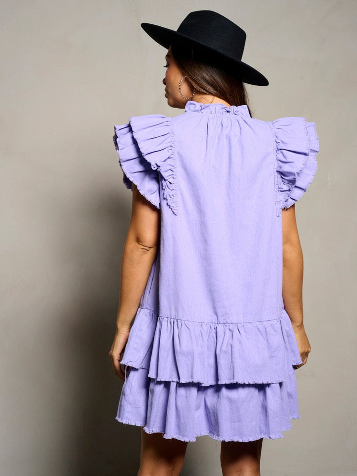 WOMEN'S SHORT RUFFLE SLEEVE V-NECK TIERED TUNIC MINI DRESS
