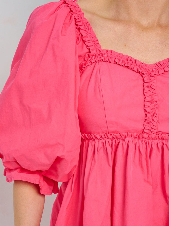 WOMEN'S SHORT PUFF SLEEVE TRIM DETAILED SMOCK FRONT POCKETS MINI DRESS