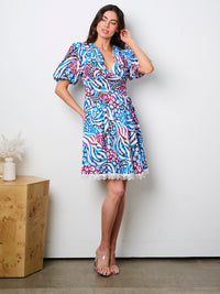 WOMEN'S SHORT PUFF SLEEVE V-NECK MULTI PRINT MINI DRESS