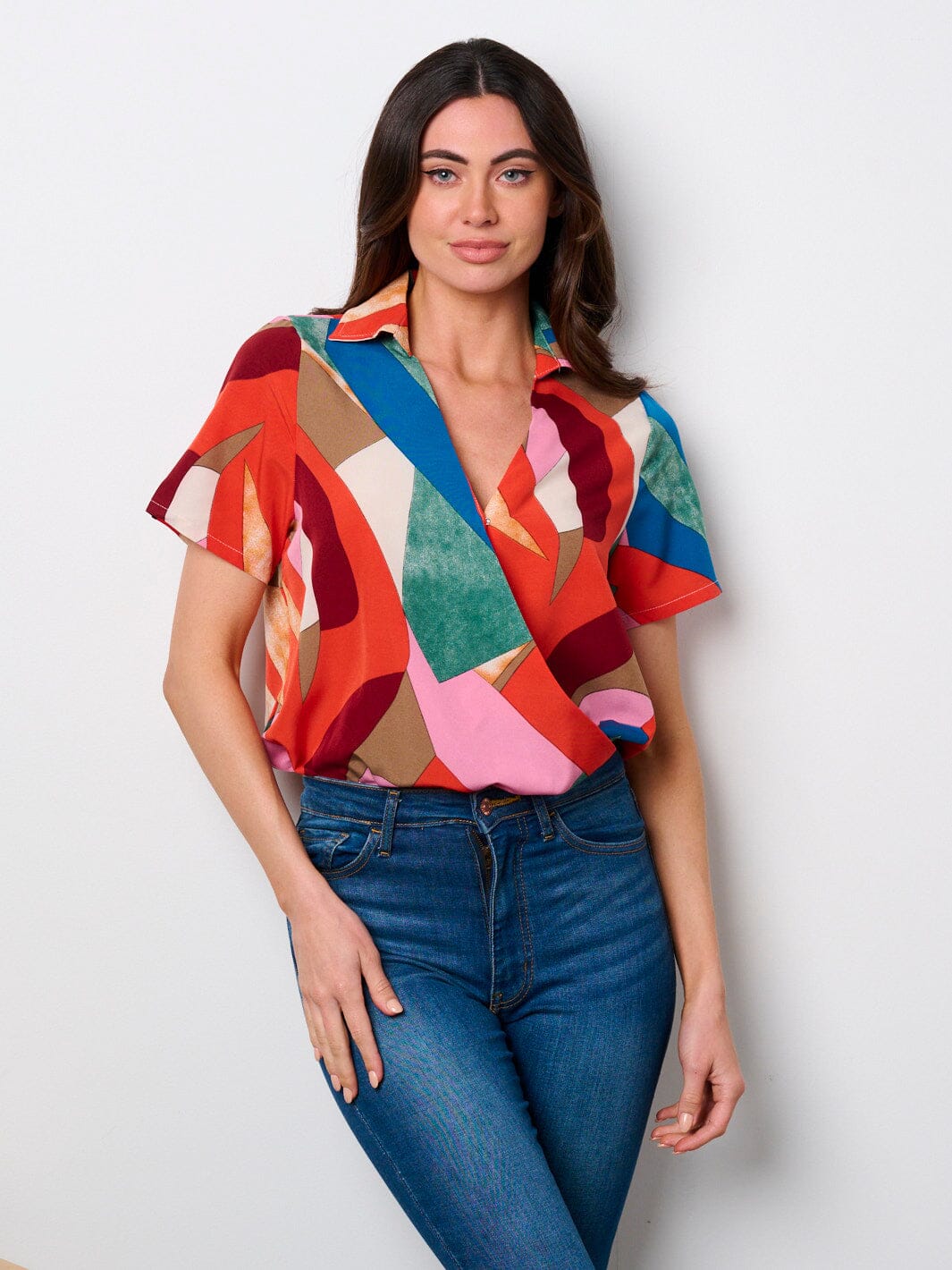 WOMEN'S SHORT SLEEVE SURPLICE MULTI COLORS BODYSUIT